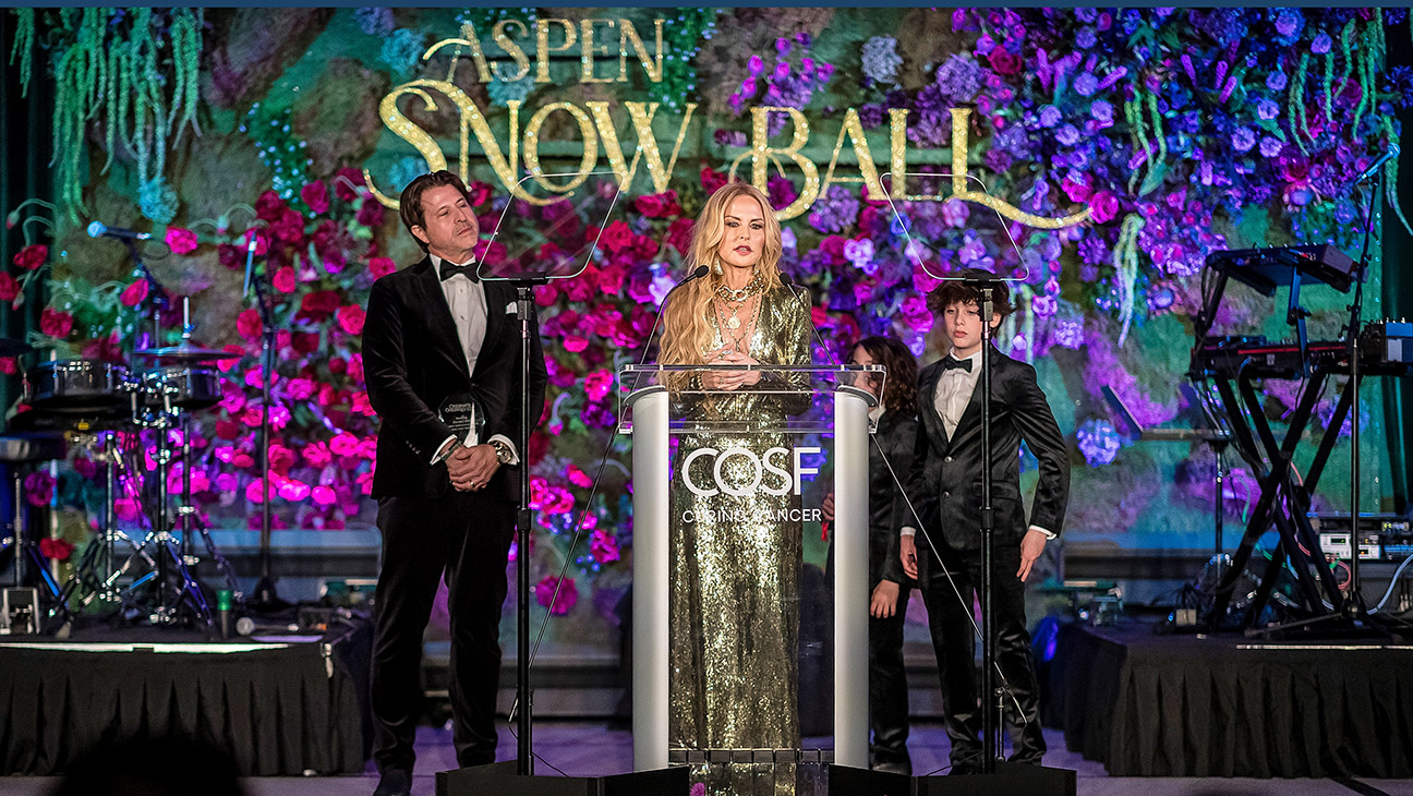 Rachel Zoe (center) speaks onstage with Rodger Berman, Skyler Berman and Kaius Berman during the Aspen Snow Ball at The St. Regis Aspen Resort on February 03, 2024 in Aspen, Colorado.